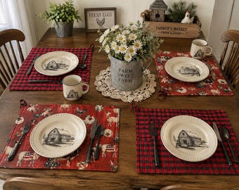 Reversible Farmhouse Placemats, Christmas Animals, Buffalo Plaid, Rustic Holiday Table Decor, hot pads