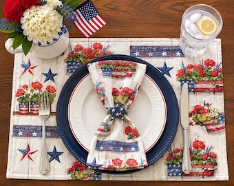 Reversible Patriotic Placemat | Americana Farmhouse Table Decor, Red White Blue Summer Setting