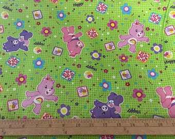 Care Bears Fabric, Pink Purple Bears Green Check Cotton, Sewing Quilting Yardage