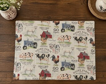 Farmhouse Placemat, Country Animals Print, Red Gingham Reversible