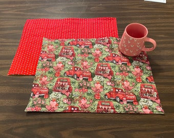 Valentines Day placemat, red truck placemat, quilted placemat, reversible placemat,