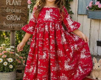 Girls Red Toile Prairie Dress | Handmade Vintage Holiday Outfit,