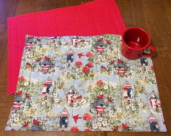 Decorative placemat red white blue, Independence Day placemat, 4th of July placemat, summertime placemat, red cardinals placemat