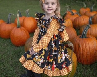 Girls vintage Halloween dress with pinafore, Orange gingham dress