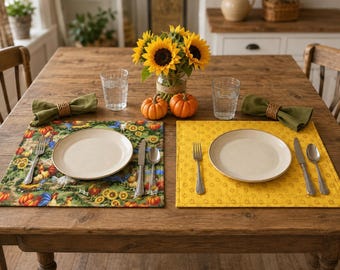 Reversible Fall Farmhouse Placemats, Roosters, Chickens and Sunflowers Placemat