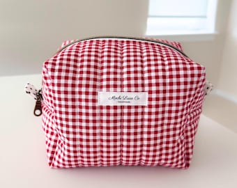 Red Gingham Quilted Makeup Bag w/ Pockets, Cute Polka Dots Square Zipper Pouch, Soft Toiletry Bag, Handmade Trendy, Large Cosmetic Bag