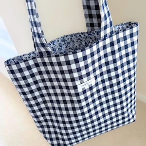 Navy Blue Gingham & Floral Reversible Tote Bag w/ Pocket, Cute Lightweight, Soft Slouchy, Unique Handmade, School/Work, Beach Shopping Tote