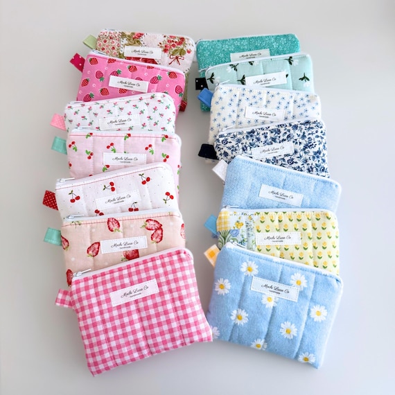 Mini Wallet w/ Pocket, Cute Quilted Aesthetic Zipper Pouch, Floral Fruit Card Holder Coin Purse, Handmade Soft Cosmetic Bag Small Flat Pouch