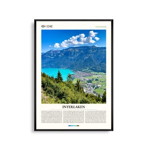 Arte mural de Interlaken, Suiza. Impresión de paisaje alpino y atardecer en el lago. Póster de Interlaken. Fotografía escénica europea. Decoración natural.
