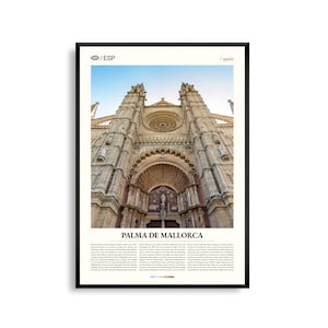 Arte mural de Palma de Mallorca, España. Impresión de paisaje urbano costero y catedral. Póster de Palma. Fotografía panorámica de las Islas Baleares. Mediterráneo.