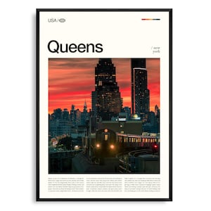 Queens New York Wandkunst, Urban Borough Landschaftsdruck, Queens Poster, Malerische Stadt Fotografie, NYC Outer Borough Decor