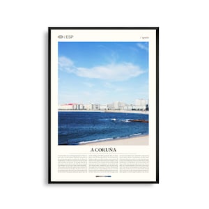 Arte mural de A Coruña, España, impresión de paisaje urbano costero y torre, póster de A Coruña, fotografía panorámica de Galicia, decoración del noroeste de España