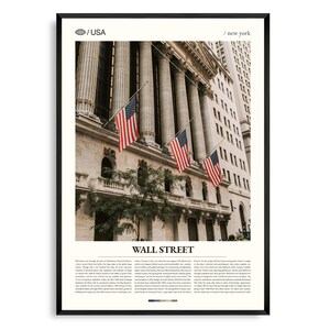 Art mural New York Wall Street, impression paysage urbain du quartier financier, affiche de Wall Street, photographie pittoresque du Lower Manhattan, décoration emblématique de New York