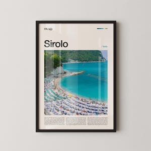 May include: Framed poster featuring a vibrant beach scene in Sirolo, Italy. The image showcases a turquoise sea, sandy beach, and numerous white umbrellas. The word "Sirolo" is prominently displayed at the top, with additional text at the bottom.