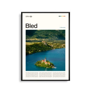 Arte mural de Bled, Eslovenia, impresión de paisaje del lago alpino y el castillo, póster de Bled, fotografía panorámica del lago Bled, decoración de naturaleza europea