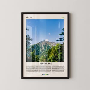 May include: A framed print featuring a scenic view of Mont Blanc in Italy. The image showcases a mountain peak under a blue sky, surrounded by lush green trees. The print includes the text "MONT BLANC" and additional text at the bottom.