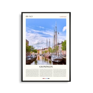 Art mural de Groningue, Pays-Bas, paysage urbain historique et impression de canal, affiche de Groningue, photographie européenne pittoresque, décoration urbaine