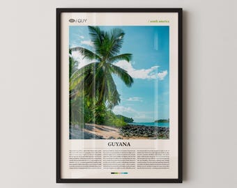 May include: Framed print featuring a scenic view of Guyana, South America. The image showcases a palm tree, beach, and ocean under a blue sky with clouds. The word "GUYANA" is printed at the bottom, with additional text below. The frame is black.