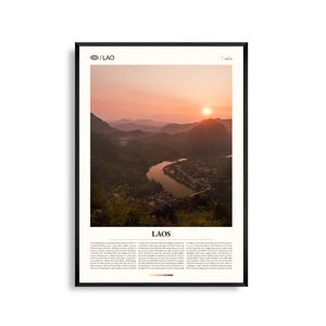 Arte mural de Laos, impresión de paisaje de montaña y río, póster de Laos, fotografía panorámica del sudeste asiático, decoración natural de la región del Mekong