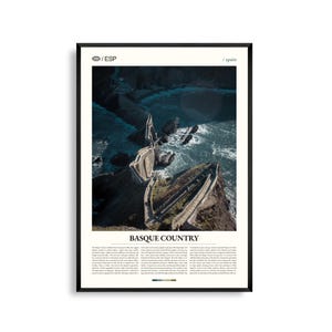 Arte mural del País Vasco, España. Impresión de paisaje de montaña y costa. Póster del País Vasco. Fotografía panorámica del norte de España.