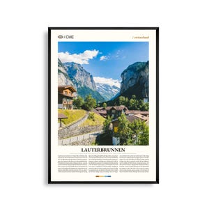 Kunst aan de muur Lauterbrunnen, Zwitserland, landschapsfotografie alpenvallei, poster Lauterbrunnen, decor van schilderachtige berg