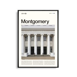 Art mural Montgomery, Alabama, impression paysage urbain historique, affiche Montgomery, photographie pittoresque du sud, décoration coeur de Dixie