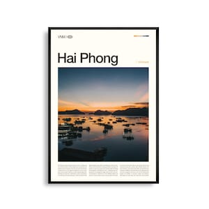 Art mural Vietnam Hai Phong, impression paysage urbain côtier et coucher de soleil sur le port, affiche Hai Phong, photographie pittoresque de l'Asie du Sud-Est, décoration urbaine