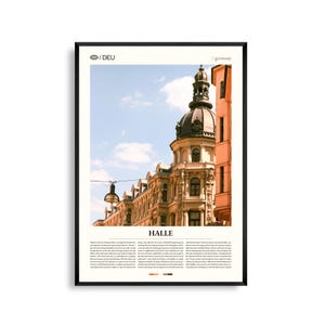 Arte mural de Halle, Alemania. Impresión de la histórica plaza del mercado y la Torre Roja al atardecer. Póster de Halle. Fotografía escénica europea. Decoración urbana.