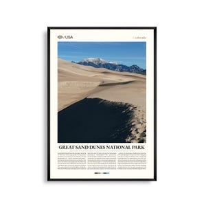 Impresión del Parque Nacional Great Sand Dunes de Colorado, Arte mural de dunas de arena, Póster de Great Sand Dunes, Foto de paisaje de Colorado, Decoración natural