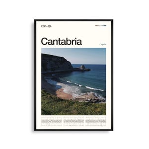 Arte mural de Cantabria, España. Impresión de costa escarpada y montañas. Póster de Cantabria. Fotografía panorámica del norte de España. Decoración natural.