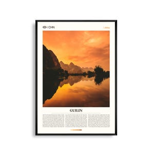 Arte mural de Guilin, China, impresión de paisaje de montaña kárstica y atardecer en el río Li, póster de Guilin, fotografía escénica de Asia Oriental, decoración natural