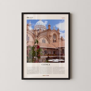 May include: Framed print featuring a photograph of the Cuenca Cathedral in Spain. The image showcases the cathedral's dome and architectural details under a blue sky. Text at the bottom reads "CUENCA" with additional text below.