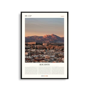 Arte mural de Alicante, España, impresión de paisaje urbano costero y castillo, póster de Alicante, fotografía panorámica de la Costa Blanca, decoración mediterránea