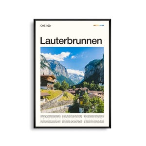 Kunst aan de muur Lauterbrunnen, Zwitserland, landschapsfotografie alpenvallei, poster Lauterbrunnen, decor van schilderachtige berg