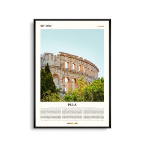 Impression Pula Croatie, art mural Pula, affiche de Pula, photo de Pula, amphithéâtre romain, côte Adriatique, paysage urbain historique, décoration côtière