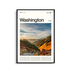 Impresión del estado de Washington, arte mural de Washington, póster de Washington, foto de paisaje montañoso, decoración natural, arte del noroeste del Pacífico