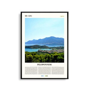 Impression du Péloponnèse Grèce, art mural du Péloponnèse, affiche du Péloponnèse, photo du Péloponnèse, paysage côtier, montagnes, villages