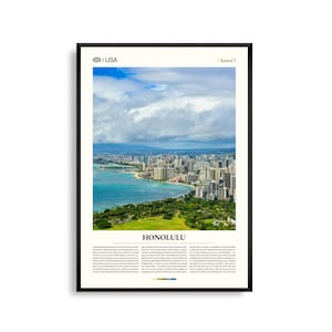 Art mural Honolulu Hawaï, impression paysage urbain tropical, affiche Honolulu, photographie côtière pittoresque, décor de l'île d'Oahu