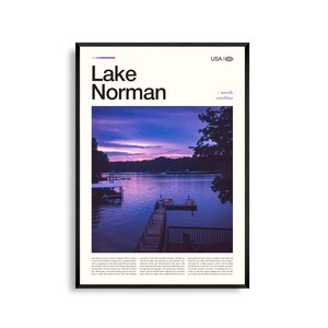 Arte mural del lago Norman, Carolina del Norte, impresión de paisaje junto al lago, póster del lago Norman, fotografía panorámica costera, decoración de naturaleza sureña