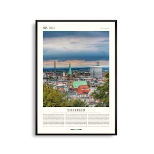 Arte mural de Bielefeld, Alemania. Impresión de paisaje urbano histórico y rural. Póster de Bielefeld. Fotografía panorámica de Renania del Norte-Westfalia.