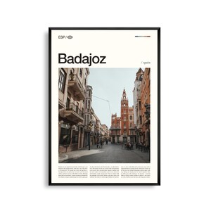 Art mural de Badajoz, Espagne, impression paysage urbain historique, affiche de Badajoz, photographie pittoresque d'Estrémadure, décoration de l'ouest de l'Espagne