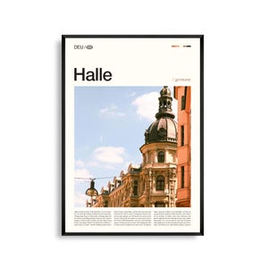 Arte mural de Halle, Alemania. Impresión de la histórica plaza del mercado y la Torre Roja al atardecer. Póster de Halle. Fotografía escénica europea. Decoración urbana.