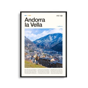 Arte mural de Andorra la Vella, impresión de paisaje urbano de montaña, póster de Andorra la Vella, fotografía panorámica de la capital de los Pirineos, decoración con encanto europeo