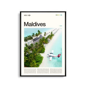 Arte mural de Maldivas, impresión de isla tropical y bungalow sobre el agua, póster de Maldivas, fotografía panorámica del océano Índico, decoración de playa paradisíaca
