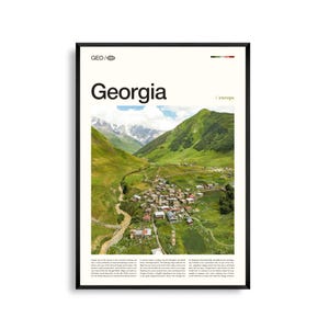 Art mural pays de Géorgie, impression de paysage de montagne et de village historique, affiche de Géorgie, photographie pittoresque du Caucase, déco Europe de l'Est