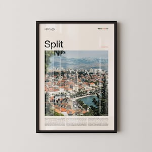 May include: A framed poster featuring a scenic view of Split, Croatia. The image showcases a coastal city with red-tiled roofs, a bay, and mountains in the background. The word "Split" is prominently displayed at the top, with additional text below.