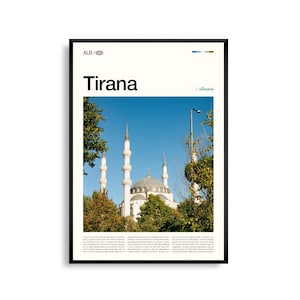 Tirana Print Albania, Tirana Wall Art, Cartel de Tirana, Foto de Tirana, Plaza Skanderbeg, Mezquita Et'hem Bey, Decoración del paisaje urbano