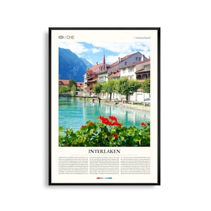 Arte mural de Interlaken, Suiza. Impresión de paisaje alpino y atardecer en el lago. Póster de Interlaken. Fotografía escénica europea. Decoración natural.