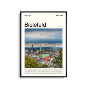 Arte mural de Bielefeld, Alemania. Impresión de paisaje urbano histórico y rural. Póster de Bielefeld. Fotografía panorámica de Renania del Norte-Westfalia.