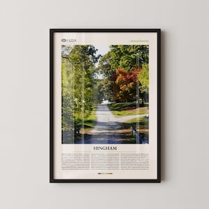 May include: Framed print featuring a scenic road in Hingham, Massachusetts, USA. The image showcases a tree-lined path with vibrant green and red foliage. The word "HINGHAM" is displayed in bold text at the bottom of the print.